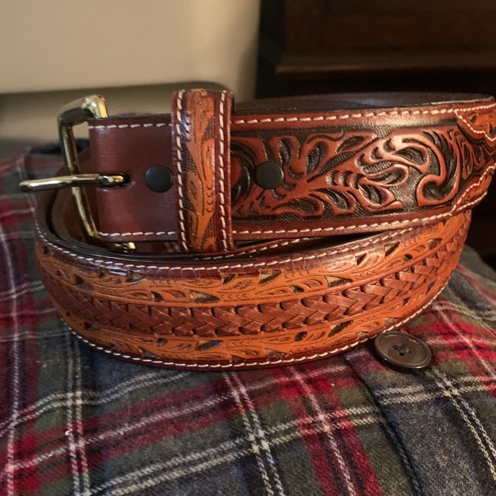 Leather hand tooled belt